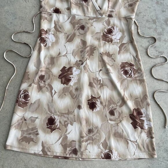 Vintage 90s Mini Dress Floral Brown Tan Made in USA Large - Picture 4 of 7